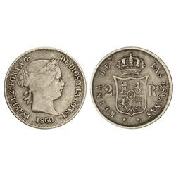 2 Reales. 1860/59. BARCELONA. (Hojita en reverso). Cal-349 sim. MBC-.