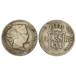 4 Reales. 1857. SEVILLA. (Pequeño golpe de punzón en anverso). ESCASA. Cal-327. BC+.