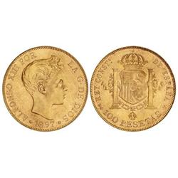 100 Pesetas. 1897 (*19-62). S.G.-V. (Leves rayitas en anverso. Golpecito en canto y acuñación floja