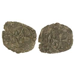 Obol Tournois. (1422). CARLOS VII?. Anv.: K delante flor de lis. Rev.: Cruz. Puntos en final. Leyend