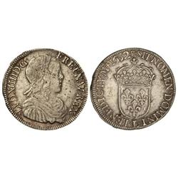 1/2 Ecu. 1652-L. LUIS XIV. BAYONA. AR. (Acuñación algo floja en anverso). KM-164.12. MBC/MBC+.