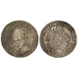 1 Ecu. 1727-P. LUIS XV. DIJON. AR. (Acuñación algo floja en parte). KM-486.16. MBC.