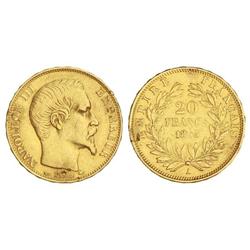 20 Francos. 1855-A. NAPOLEÓN III. PARÍS. (Golpes de punzón en campo). KM-781.1. MBC.