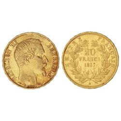20 Francos. 1857-A. NAPOLEÓN III. PARÍS. AU. KM-781.1. MBC.