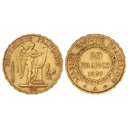20 Francos. 1877-A. PARÍS. AU. Ángel. KM-825. MBC+.