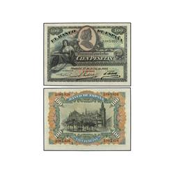 Lote 2 billetes 100 Pesetas. 15 Julio 1907. Catedral de Sevilla. Pareja correlativa. (Pequeñas manch
