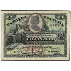 100 Pesetas. 15 Julio 1907. Catedral de Sevilla. (Leves roturas). Ed-B104. MBC+.