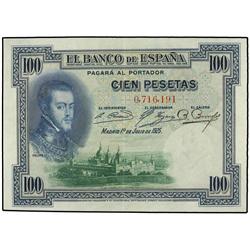 Lote 2 billetes 100 Pesetas. 1 Julio 1925. Felipe II. Sin Serie. No correlativos. Sello en seco GOBI
