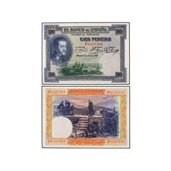 Lote 2 billetes 100 Pesetas. 1 Julio 1925. Felipe II. Serie F. Pareja correlativa. Ed-C1. SC.