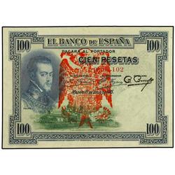 Lote 5 billetes 100 Pesetas. 1 Julio 1925. Felipe II. Sin Serie y Series A, B, C y D con tampón en r