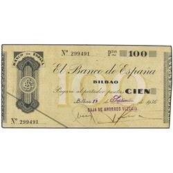 100 Pesetas. 1 Septiembre 1936. BANCO DE ESPAÑA. BILBAO. Ed-C22a. MBC+.