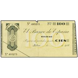 100 Pesetas. (1 Septiembre 1936). BANCO DE ESPAÑA. BILBAO. (Pequeña falta de papel en el margen supe