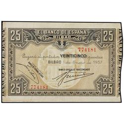 25 Pesetas. 1 Enero 1937. BANCO DE ESPAÑA. BILBAO. Ed-C39c. MBC+.
