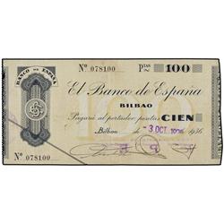 Lote 3 billetes 25, 50 y 100 Pesetas. 3 Octubre 1936, 18 Febrero 1937 y 19 Enero 1937. BANCO DE ESPA