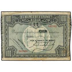 100 Pesetas. 1 Enero 1937. BANCO DE ESPAÑA. BILBAO. (Roturas en margen). Ed-C41a. MBC-.