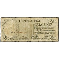 Lote 4 billetes 2, 50 (2), 5 y 10 Pesetas. 25 Setembre 1936. GENERALITAT DE CATALUNYA. (Pequeñas rot