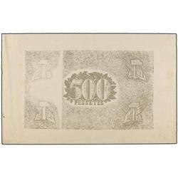 Prueba de reverso 500 Pessetes. S/F. GENERALITAT DE CATALUNYA. Billete no emitido en color gris. (Ro