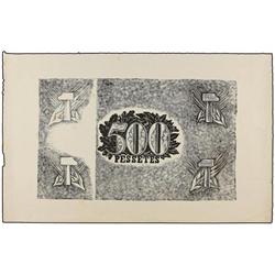 Prueba de reverso 500 Pessetes. S/F. GENERALITAT DE CATALUNYA. Billete no emitido en color negro. Ro