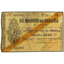 5 Pesetas. 5 Noviembre 1936. BANCO DE ESPAÑA. GIJÓN. (Muy restaurado). Ed-C31. BC+.