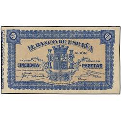 50 Pesetas. Septiembre 1937. BANCO DE ESPAÑA. GIJÓN. Sin matriz. (Leve arruga). Ed-NE33a. SC.