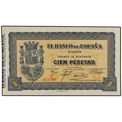 100 Pesetas. Septiembre 1937. BANCO DE ESPAÑA. GIJÓN. Ed-C50. SC.