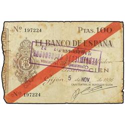Serie 5 billetes 5, 10, 25, 50 y 100 Pesetas. 5 Noviembre 1936. BANCO DE ESPAÑA. GIJÓN. (Roturas. Su