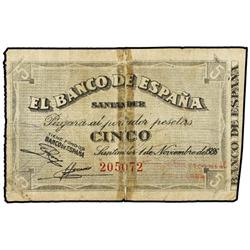 Serie 5 billetes 5, 10, 25, 50 y 100 Pesetas. 1 Noviembre 1936. BANCO DE ESPAÑA. SANTANDER. (El de 5