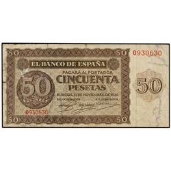50 Pesetas. 21 Noviembre 1936. Serie O. (Roturas en margen). Ed-D21a. MBC.