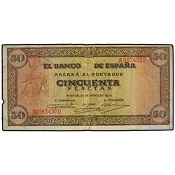 50 Pesetas. 20 Mayo 1938. Castillo de Olite. Serie A. Ed-D32a. MBC.