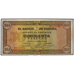 50 Pesetas. 20 Mayo 1938. Castillo de Olite. Serie B. (Margen inferior pequeñas roturas). Ed-D32a. M