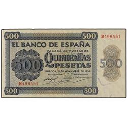 500 Pesetas. 21 Noviembre 1936. Catedral de Salamanca. Serie B. (Tres pliegues). Apresto original. E