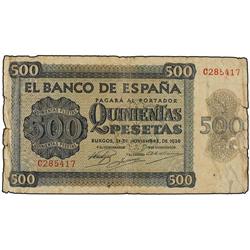 500 Pesetas. 21 Noviembre 1936. Catedral de Salamanca. Serie C. (Roturas en margen). Ed-D23a. BC+.