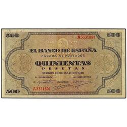 500 Pesetas. 20 Mayo 1938. Catedral de Santiago. Serie A. Ed-D34. EBC.