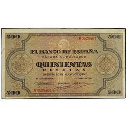 500 Pesetas. 20 Mayo 1938. Catedral de Santiago. Serie A. (Pequeñas roturas). Ed-D34. MBC.