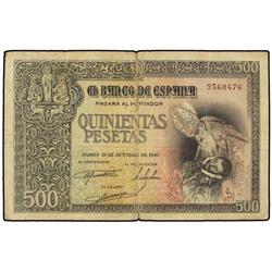 500 Pesetas. 21 Octubre 1940. 500 Pesetas. Entierro del Conde de Orgaz. (Reparaciones con papel en r