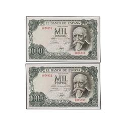 Lote 2 billetes 1.000 Pesetas. 17 Septiembre 1971. Echegaray. Sin serie. Pareja correlativa. Ed-D75.