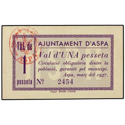 1 Pesseta. Març 1937. Aj. d´ASPA. Sello tampón rojo ovalado en anverso. AT-244b; T-304b. EBC+.
