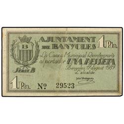 1 Pesseta. 17 d´Agost 1937. Aj. de BANYOLES. (Algo sucio). AT-290; T-357. MBC+.