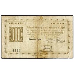 50 Cèntims. 4 Gener 1937. C.M. de BELLCAIRE d´URGELL. Sin sello tampón. (Reparación central). AT-367