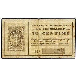 50 Cèntims. 31 Juliol 1937. C.M. de BENISSANET. (Manchas). AT-420; T-496. MBC+.