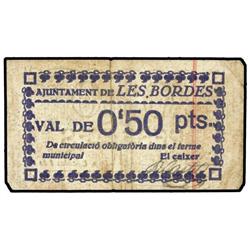 0,50 Pessetes. S/F. Aj. de LES BORDES. (Rotura central). Sucio. MUY ESCASO. AT-484; T-574. MBC.