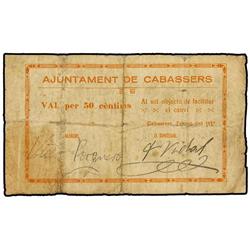 50 Cèntims. Febrer 1937. Aj. de CABASSERS. (Roturas y manchas) (Reparado). MUY RARO. AT-546 ; T-643.