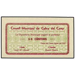 50 Cèntims. Agost 1937. C.M. de CABRA DEL CAMP. (Arruguitas en esquinas). ESCASO. AT-553 ; T-650. S/