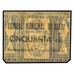 50 Cèntims. S/F. C.M. de CALAF. Plástico blanco transparente. (Pequeña rotura en margen). ESCASO. AT