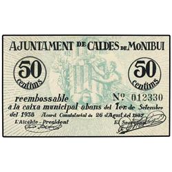50 Cèntims. 26 Agost 1937. Aj. de CALDES DE MONTBUI. (Pequeña doblez en esquina). AT-598; T-697. SC.