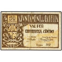50 Cèntims. Octubre 1937. Aj. de CALELLA. Serie A. (Algo sucio. Pequeña rotura en margen). AT-602; T