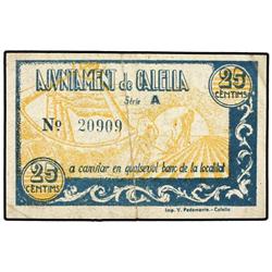 Lote 2 billetes 25 y 50 Cèntims. Octubre 1937. Aj. de CALELLA. Serie A. AT-602 y 603a; T-701 y 702a.