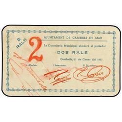 2 Rals. 21 Gener 1937. Aj. de CAMBRILS DE MAR. Valor sobremarcado con un gran 2 en rojo en anverso y