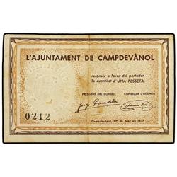 1 Pesseta. 1er Juny 1937. Aj. de CAMPDEVÀNOL. (Roturas, restos de adhesivo). AT-624 ; T-725. MBC.