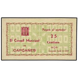 25 Cèntims. Agost 1937. C.M. de CAPÇANES. Sin impresión en reverso. Acento abierto en ´Cèntims´. (Pe